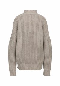 Cremfarbener gestrickter Pullover mit hohem Kragen, geripptem Muster, überschnittenen Schultern und lässigem Schnitt. Verfügt über horizontale und vertikale Strickmuster.