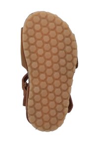 Bruine sandaal met een gestructureerde rubberen zool in honingraatpatroon. Voorzien van verstelbare straps aan de zijkanten voor een goede pasvorm en comfort.