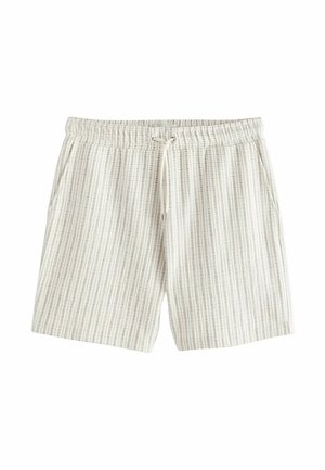 Pantaloncini beige chiaro con coulisse, sottili righe grigie verticali e tasche laterali, progettati per un uso casual.
