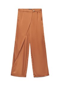 Pantalon à jambes larges en satin d'un riche orange brûlé. Il présente des plis sur le devant, une fermeture par bouton et une texture lisse et brillante.