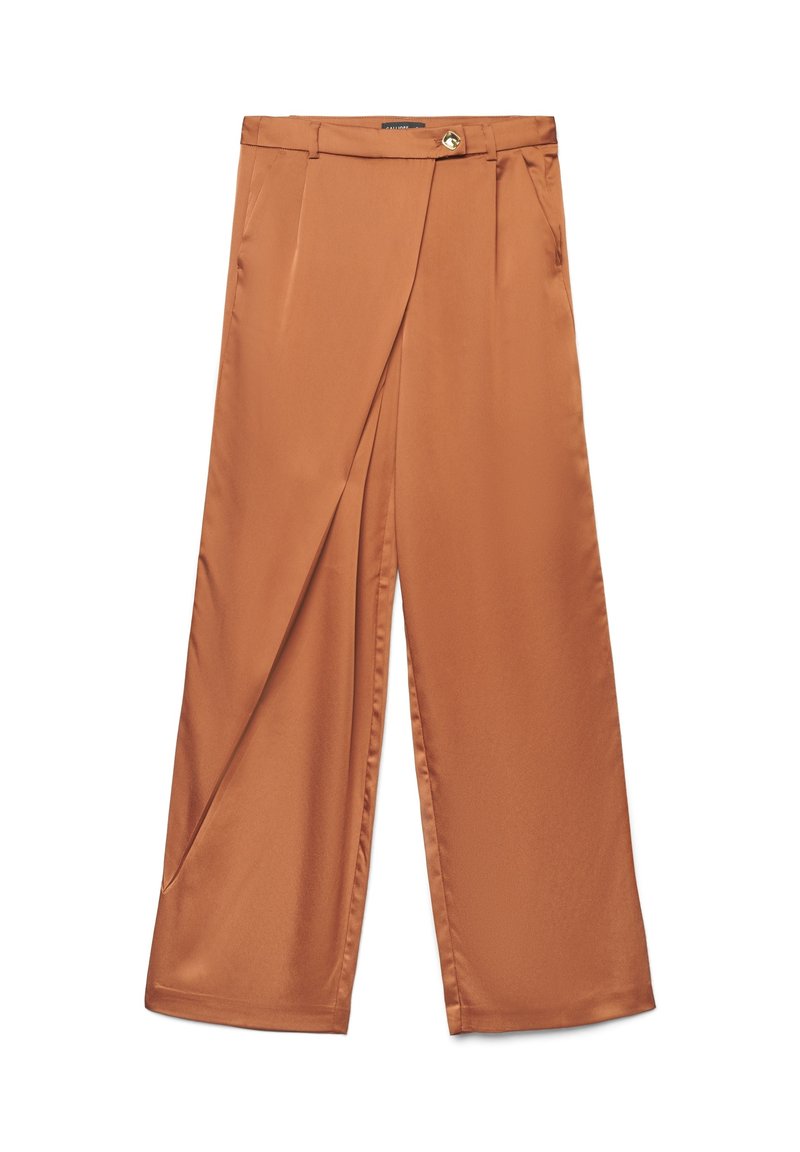 Pantalon à jambes larges en satin d'un riche orange brûlé. Il présente des plis sur le devant, une fermeture par bouton et une texture lisse et brillante.