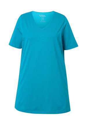 Turkusowa koszulka V-neck z krótkimi rękawami, wykonana w 100% z bawełny, o luźnym kroju i gładkiej fakturze.