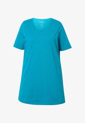 Turkusowa koszulka V-neck z krótkimi rękawami, wykonana w 100% z bawełny, o luźnym kroju i gładkiej fakturze.