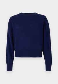 Pull en maille bleu marine à manches longues, avec un col rond et des poignets et un ourlet côtelés, présenté sur un fond blanc.