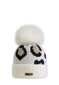 Knit hat with leopard print in black and beige on a white background, featuring a fluffy white pom-pom and a textured ribbed band.