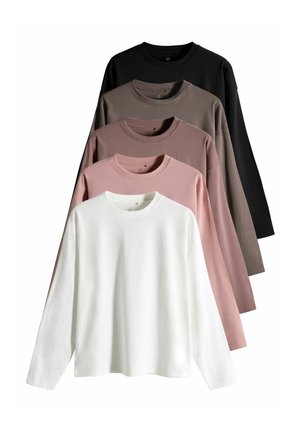 Five long-sleeved t-shirts displayed in a row. Colors: white, light pink, brown, dark pink, black. Made of cotton, with crew neck and relaxed fit.