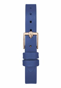 Cinturino per orologio in pelle blu con finitura testurizzata, dotato di una fibbia dorata, anello di sicurezza e numerosi fori per la regolazione.