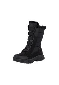 Schwarze Winterstiefel mit einem gepolsterten Nylonobermaterial, einem Kragen aus Kunstfell, einer Gummisohle und einer geschnürten Vorderseite mit metallischen Akzenten.