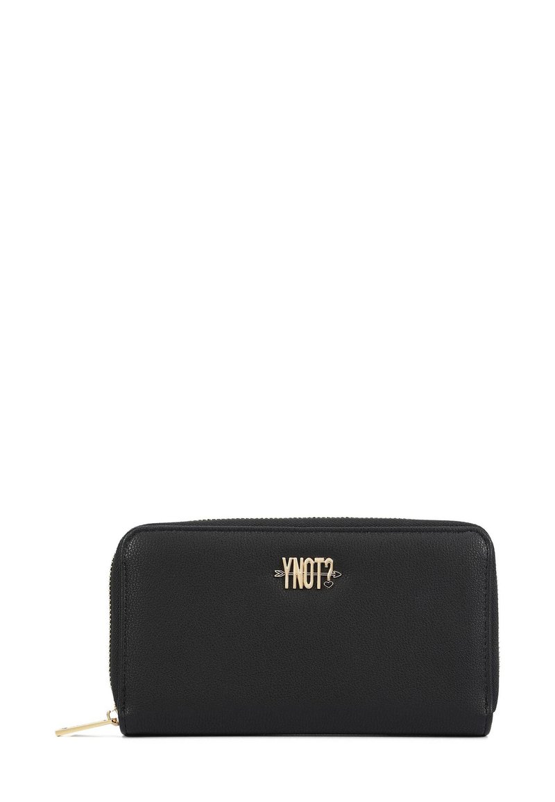 Portafoglio in pelle nera con finitura testurizzata, accentuato da un logo in metallo dorato e chiusura con zip. Design slim con forma rettangolare.