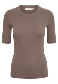 Brązowy prążkowany top z krótkim rękawem i okrągłym dekoltem. Miękka, elastyczna tkanina z logo na dolnym brzegu. Dopasowany krój podkreśla sylwetkę.