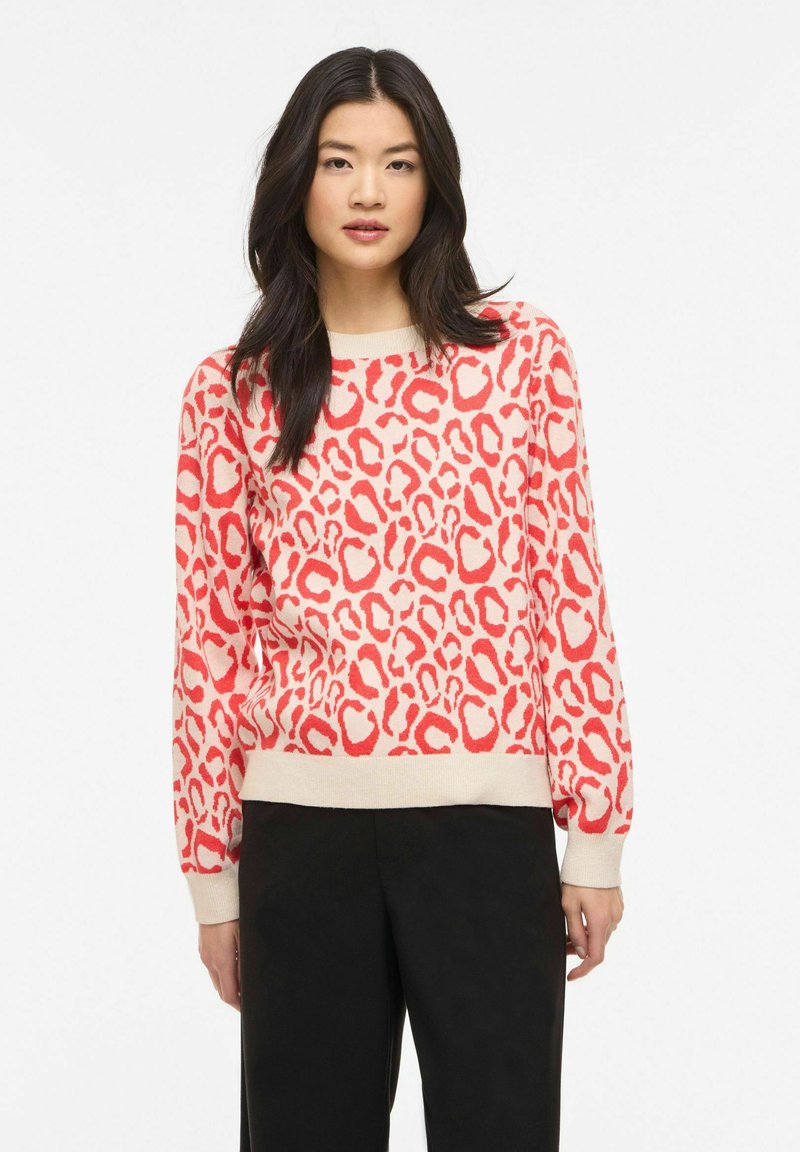 Femme aux longs cheveux foncés portant un pull imprimé léopard rose et rouge et un pantalon noir, debout devant un fond blanc uni.