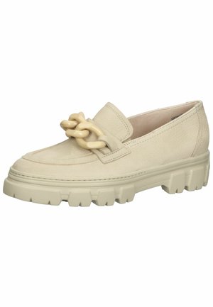 Beige chunky loafers med tyk sål og stor plastkæde over toppen, lavet af struktureret læder.