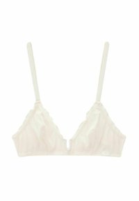 Fehér, háromszög alakú bralette, puha bordázott textúrával, csipke díszítéssel a szélein, állítható vékony pántokkal, elülső kivágással.