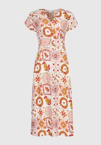 Robe maxi avec un décolleté en V, des manches courtes et un fond blanc. Présente des motifs floraux et géométriques colorés en rouge, orange et rose.