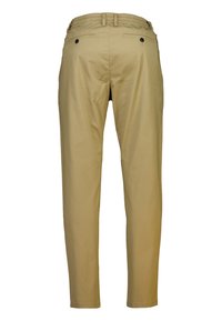 Beige Hose mit glatter Textur, elastischem Bund und zwei Gesäßtaschen mit Knopfschluss. Schmal zulaufender Schnitt mit simpler Naht.