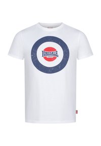 Hvid bomulds t-shirt med et stort grafisk design i rød og blå med et cirkulært mønster og teksten "Lonsdale London" i midten.