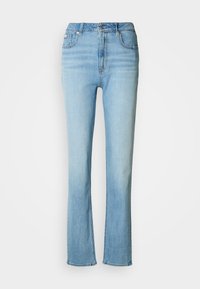 Svijetloplave traperice s visokim strukom, ravnim krojem i suptilnim izblijedjelim završetkom. Imaju prednje džepove i zip zatvaranje.