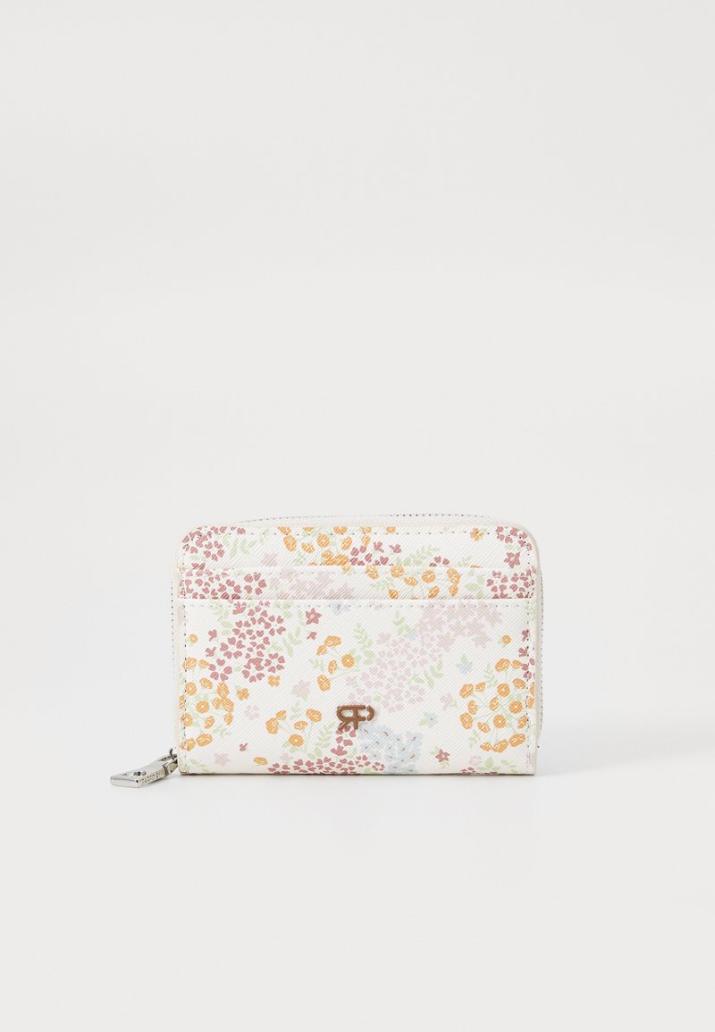 Blomsterprydet pung i hvid. Har forskellige farvede blomster i pink, orange og blå. Inkluderer en lynlås og et præget logo fortil.