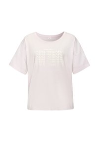 Light pink cotton T-shirt with a relaxed fit, featuring short sleeves and a rounded neckline. The front has a glossy text print.