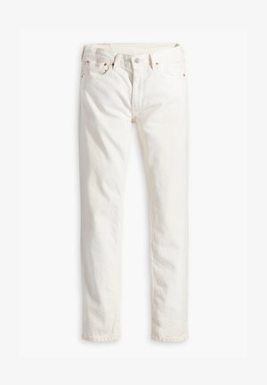 Witte denim spijkerbroek met een rechte pasvorm, vijf zakken, koperen knoop en klinknagels, en een subtiele textuur in de stof. Geen zichtbare patronen.