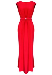 Czerwona, bezrękawnikowa sukienka maxi z okrągłym dekoltem i dopasowaną talią. Posiada materiałowy pasek i zwiewny dół. Gładka faktura.