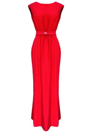 Czerwona, bezrękawnikowa sukienka maxi z okrągłym dekoltem i dopasowaną talią. Posiada materiałowy pasek i zwiewny dół. Gładka faktura.