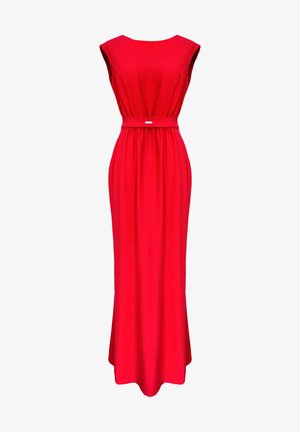 Czerwona, bezrękawnikowa sukienka maxi z okrągłym dekoltem i dopasowaną talią. Posiada materiałowy pasek i zwiewny dół. Gładka faktura.