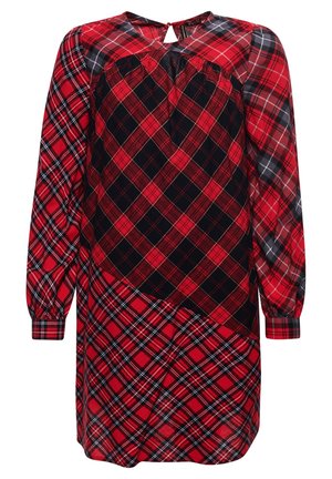 Langärmliges rot-schwarzes kariertes Kleid mit gemischten Tartanmuster und kleinem Schlüssel-Loch-Ausschnitt.