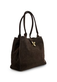 Brown suede tote bag with two handles, featuring a gold latch detail. The bag has a structured shape and soft texture.