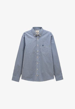 Niebiesko-biała koszula na długi rękaw w kratę z guzikami, z kieszenią z przodu i małym wyhaftowanym logo na lewej piersi.