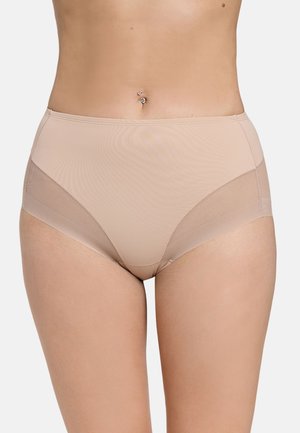Beige Hüfthosen mit hoher Taille, die eine glatte Textur und transparente Netz-Seitenteile aufweisen, sowie ein nahtloses Design für Komfort und Passform.