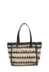 Borsa tote intrecciata con un motivo a righe nere e crema, caratterizzata da manici in pelle nera e una forma rettangolare spaziosa.