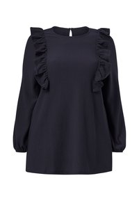 Granatowa bluzka z długimi rękawami i falbaniastymi detalami wzdłuż ramion. Wykonana z teksturowanej tkaniny z rozcięciem na plecach.