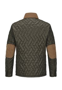 Gesteppte olivgrüne Jacke mit Cord-Akzenten am Kragen und an den Ellenbogenflecken. Verfügt über ein strukturiertes Fischgrätmuster.