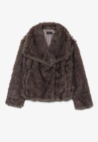 Veste courte en fausse fourrure foncée, dotée d'un large col, d'une texture douce et de manches longues. Devant fermé avec une doublure lisse.