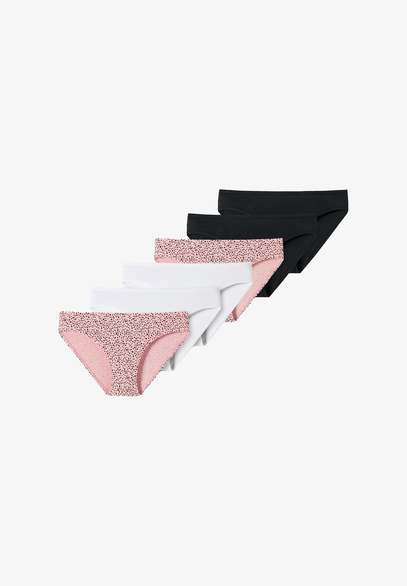 Six pairs of women's underwear: one pink with a black dot pattern, two white, and three black. All feature a standard brief design.