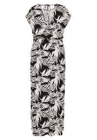 Sort/hvid maxi kjole med korte ærmer og et bladagtigt botanisk print, med en snor ved halsudskæringen og en elastisk talje.