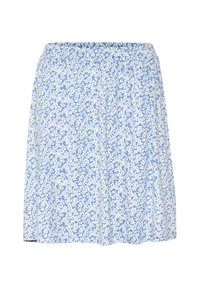 Jupe florale bleue avec des motifs de fleurs blanches, taille élastique et coupe à mi-genoux. Fabriquée en tissu léger avec une légère texture.