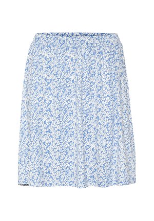 Plava cvjetna suknja s bijelim uzorcima cvijeća, elastičnim pojasom i dužinom do koljena. Izrađena od lagane tkanine s blagim teksturama.