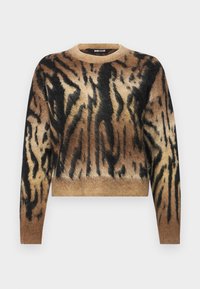 Svart och brun djurmönstrad tröja med rund hals, långa ärmar och mjukt, texturerat stickat tyg. Korthalsad design.