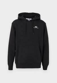 Sweat à capuche noir en tissu doux, doté d'une poche avant kangourou, de poignets côtelés et d'un petit logo doré sur la poitrine.