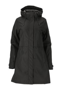 Svart vattentät jacka med dragsko på huvan, långa ärmar, sidofickor och en något utsvängd design. Har tryckknappsstängning och logodetaljer.