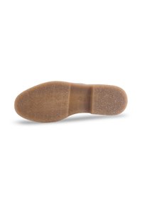 Semelle en caoutchouc marron avec une surface texturée, présentant une légère courbure et un talon bien défini. Les détails incluent une bordure lisse et une petite empreinte de logo.