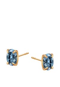 Złocone kolczyki wkręty z owalnymi, jasnoniebieskimi kamieniami szlachetnymi, mocowane na cztery sztyfty, z prostymi zapięciami dla łatwego zakupu.