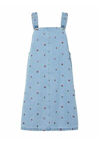 Denimkleit reguleeritavate rihmadega, helesinine värv, millel on hajutatud punased lilleline tikandid, sirge lõige ja küljetasku.