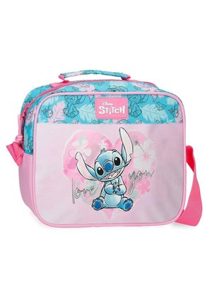 Pequeña bolsa de hombro Disney Stitch en rosa y azul con asa superior, fondo de corazones y texto "te quiero" en el bolsillo frontal.