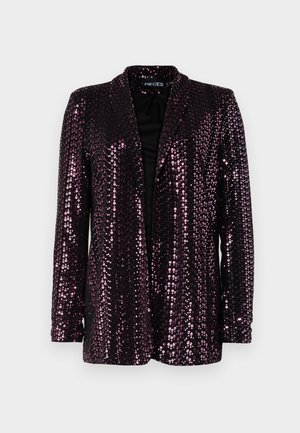 Pawlený blejzr v tmavě fialové barvě s černým podšívkou. Obsahuje klopový límec a dlouhé rukávy, které ukazují lesklý, texturovaný povrch.