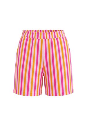Korte shorts med lodrette striber i pink, orange og hvid, med elastisk talje og afslappet pasform.