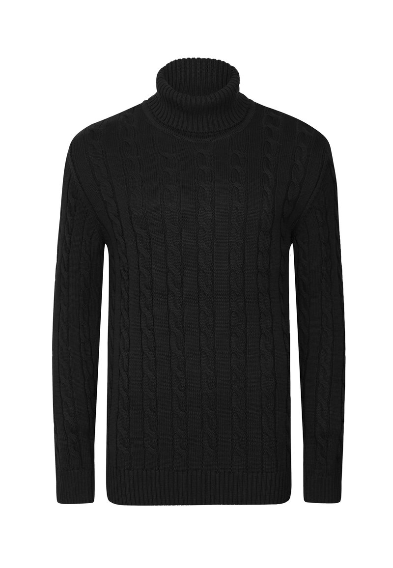 Suéter negro de cuello alto con un patrón de punto de cable texturizado, mangas largas y puños y dobladillo de canalé. El material parece suave y grueso.