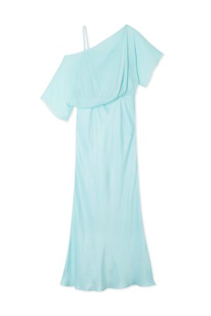 Light blue one-shoulder dress made of soft fabric, featuring a flowing silhouette and wide draped sleeves.